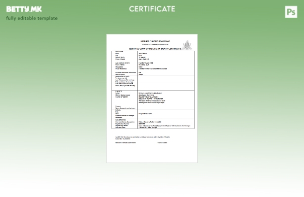 Модерен стил Шаблон за уверение за смрт на Австралија Северната територија на Ав